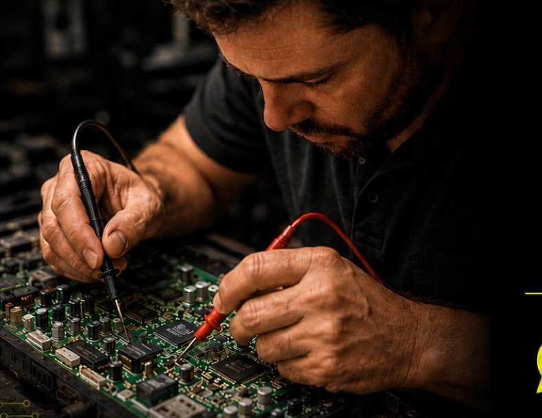 Técnico da TV Service medindo componentes em uma placa eletrônica de TV